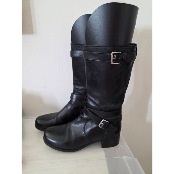 PRADA  BLACK  LEATHER 2X BELTED BUCKLE BIKER  BOOTS 37.5 ITALY - Picture 1 of 12